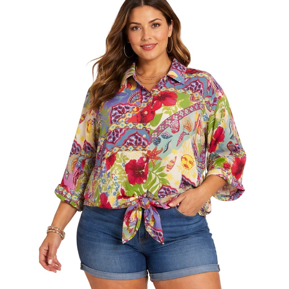 Cynthia Rowley NWT Floral Mixed Print 3/4 Sleeve Button Front Blouse Size 1X